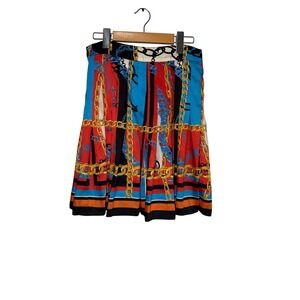Chain Print Pleated Skirt Womens M Black Red Blue Gold